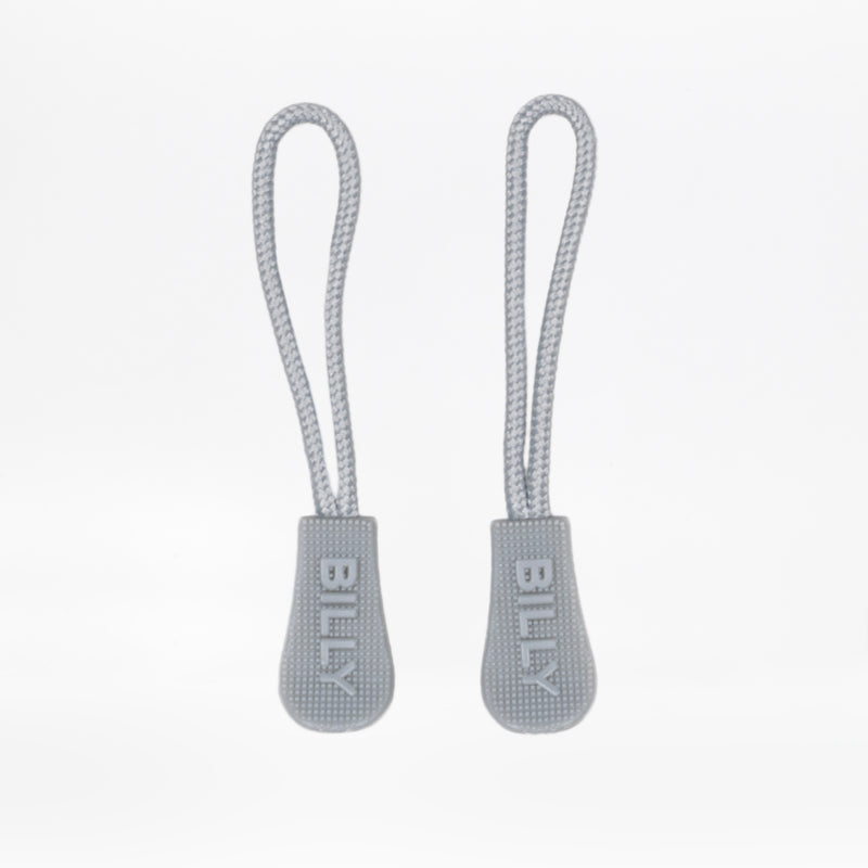 Two light grey zipper pulls with BILLY brand logo on a white background