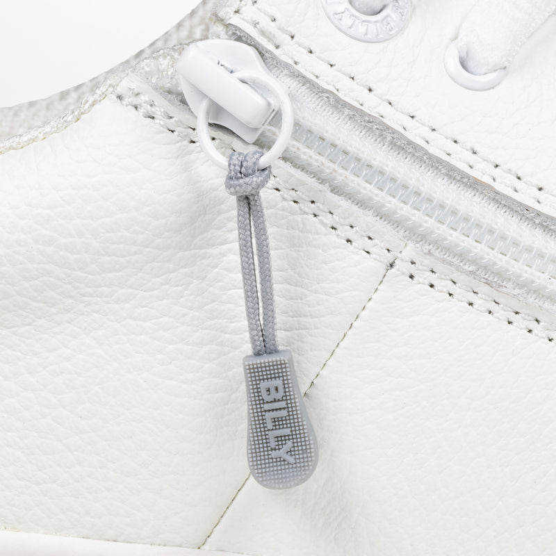 Light Grey sport zipper pull with BILLY word mark attached to a white shoe
