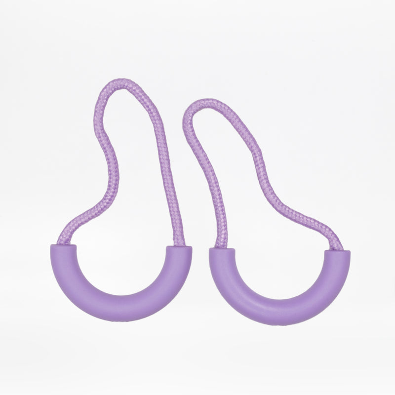 Two purple zipper pulls with rubber half loops and purple cord on a white background