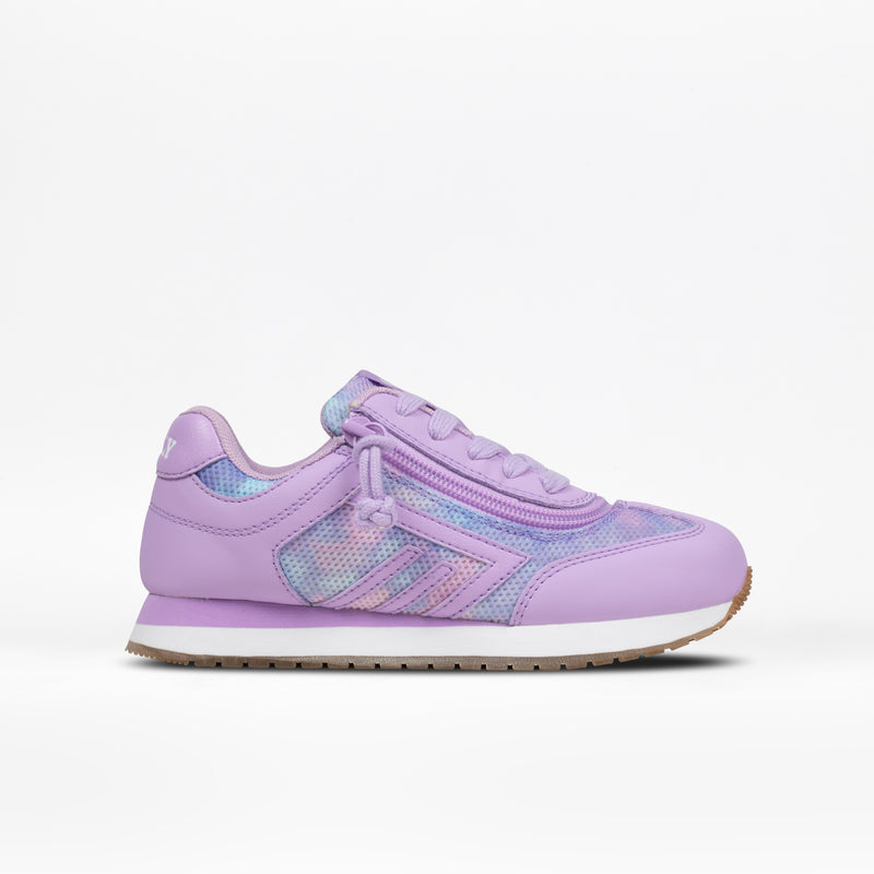 The Lilac BILLY Retro Jogger by BILLY Footwear features a pastel purple mesh and leather upper, white midsole, brown rubber outsole, purple laces, and a subtle pink and blue side pattern.