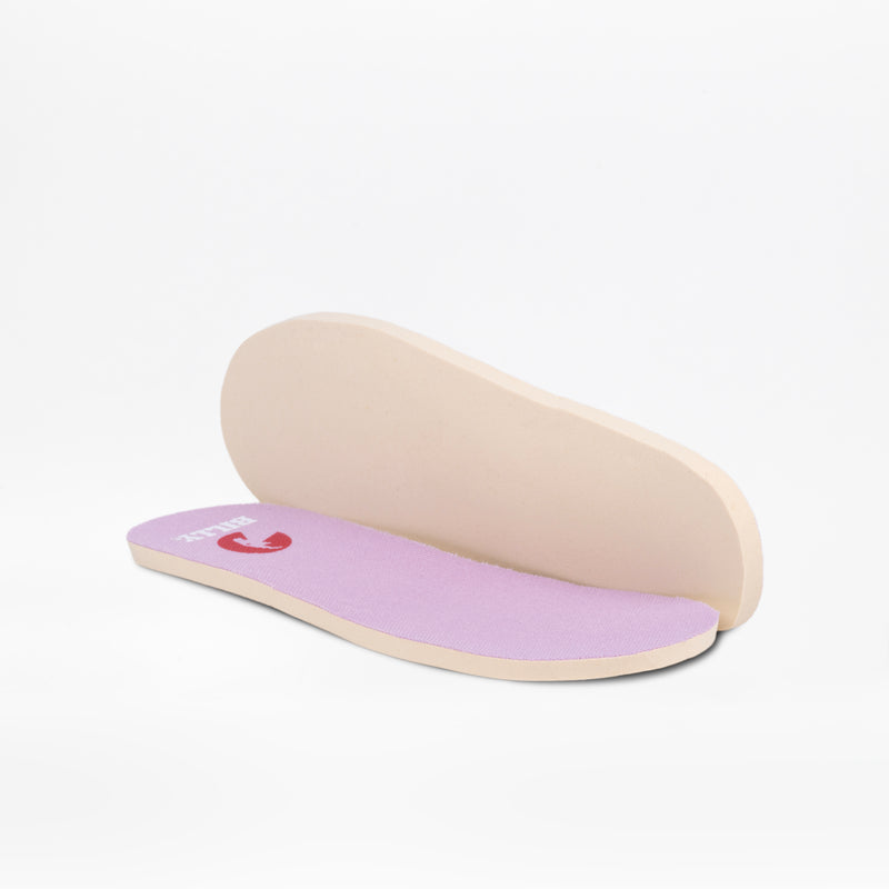 A pair of light beige insoles with light purple fabric tops from BILLY Footwear are shown on a white background—ideal for pairing with the Lilac BILLY Retro Jogger.