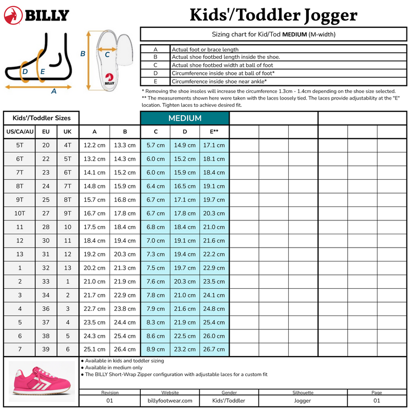 Sizing chart for BILLY Footwear’s Lilac BILLY Retro Jogger with US, EU, UK sizes, foot lengths, circumference, measuring diagrams, and an illustration of the Retro Jogger at the bottom.