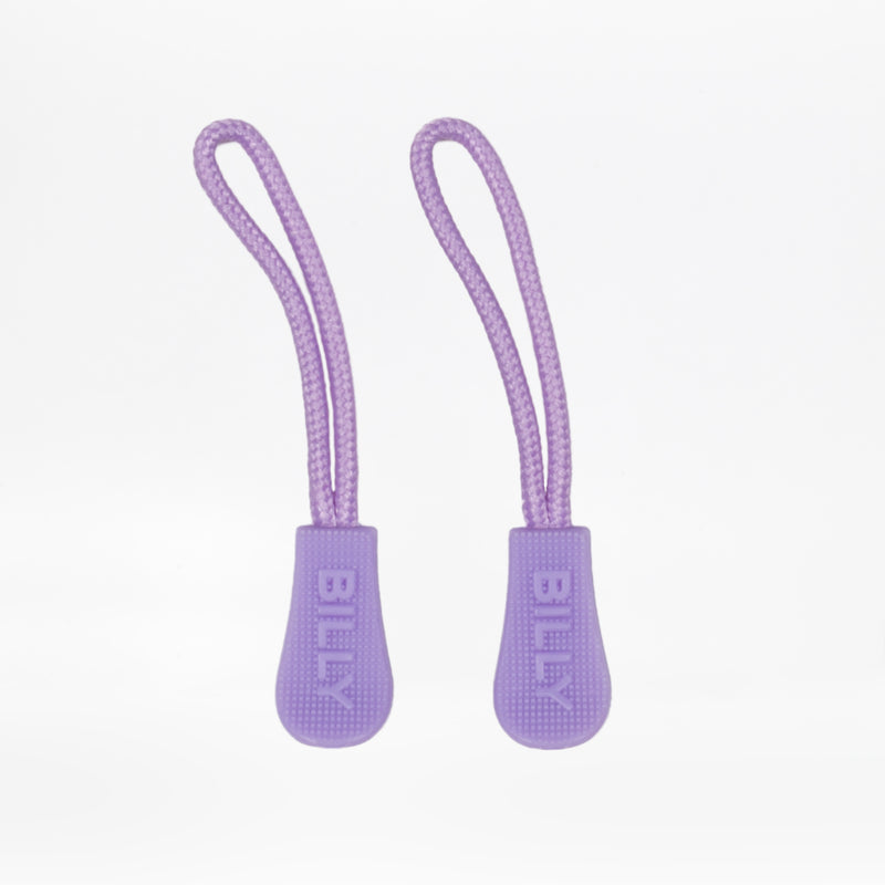 Two purple zipper pulls with 'BILLY' branding on a white background