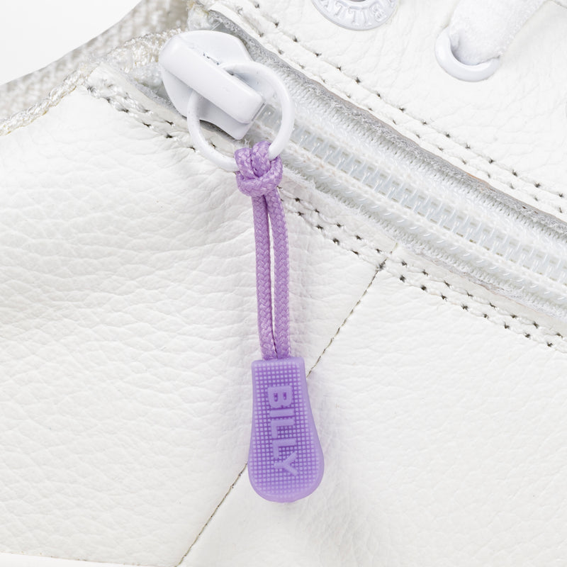 Purple sport zipper pull with BILLY word mark attached to a white shoe