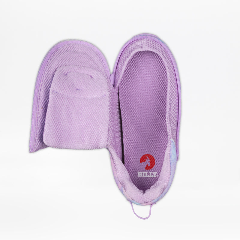 The Lilac Watercolor BILLY Limitless by BILLY Footwear is an adaptive kids’ shoe featuring a fully unzipped upper for easy access and sensory-friendly comfort, with the inner sole displaying the BILLY logo.