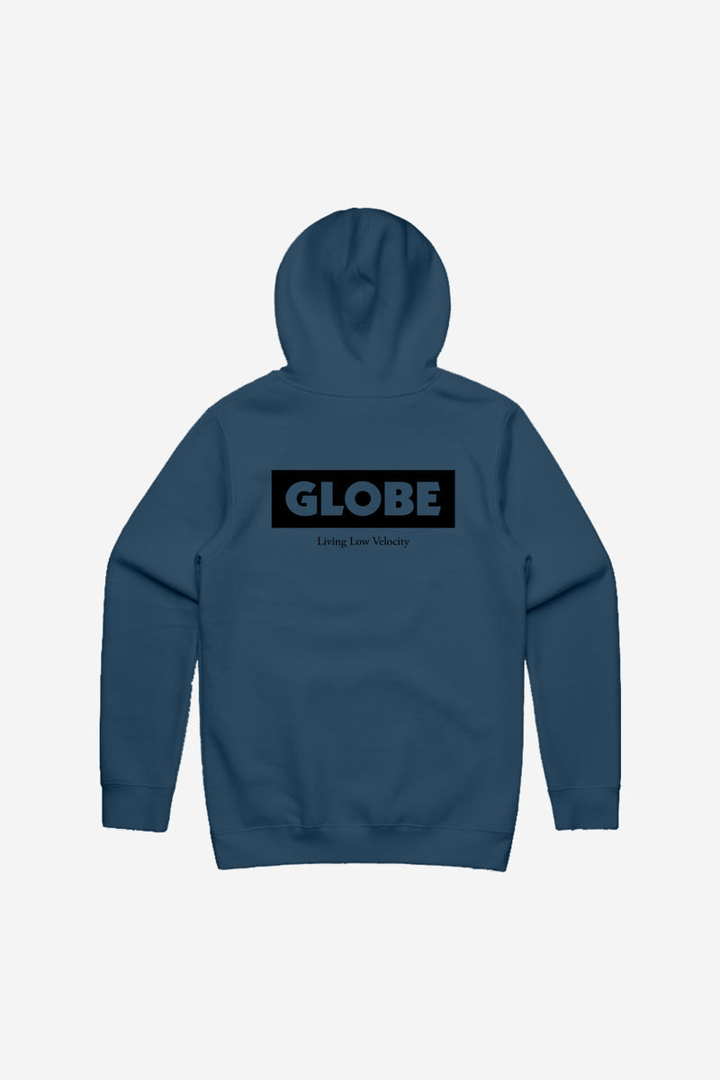 Back view of steel blue Living Low Velocity hoodie with black Globe logo on back