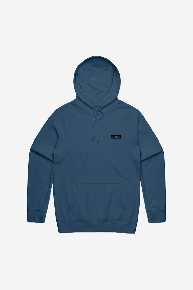 Living Low Velocity Hoodie in steel blue with hood and front kangaroo pocket