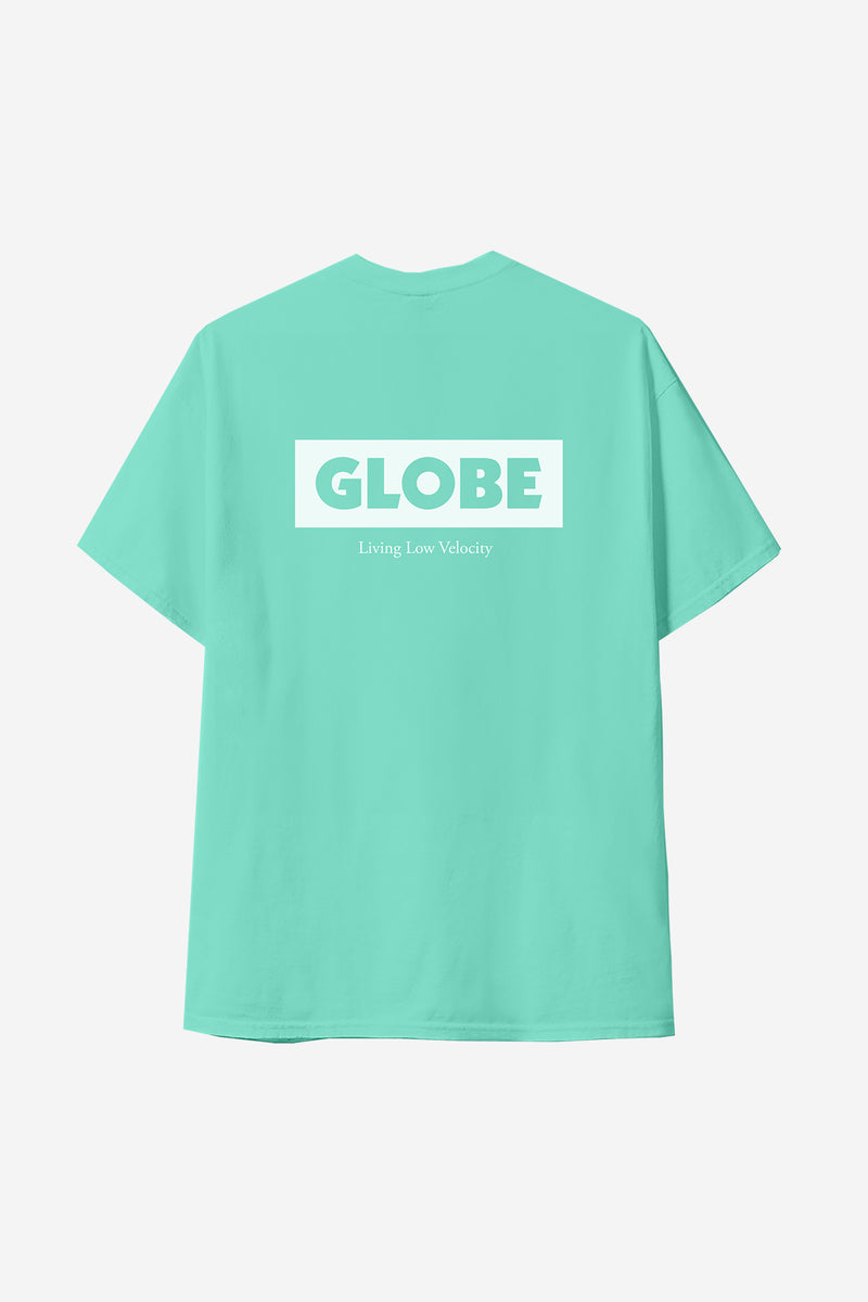 Mint Living Low Velocity tee back view with large white GLOBE logo