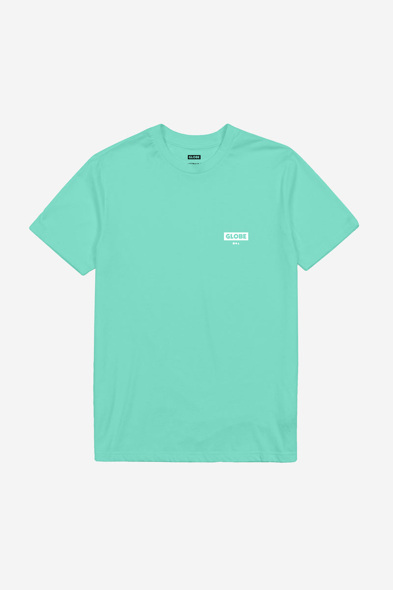 Mint Living Low Velocity tee front view with small white globe logo on the chest