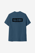 Back view of steel blue Globe Living Low Velocity tee with a bold logo on the back
