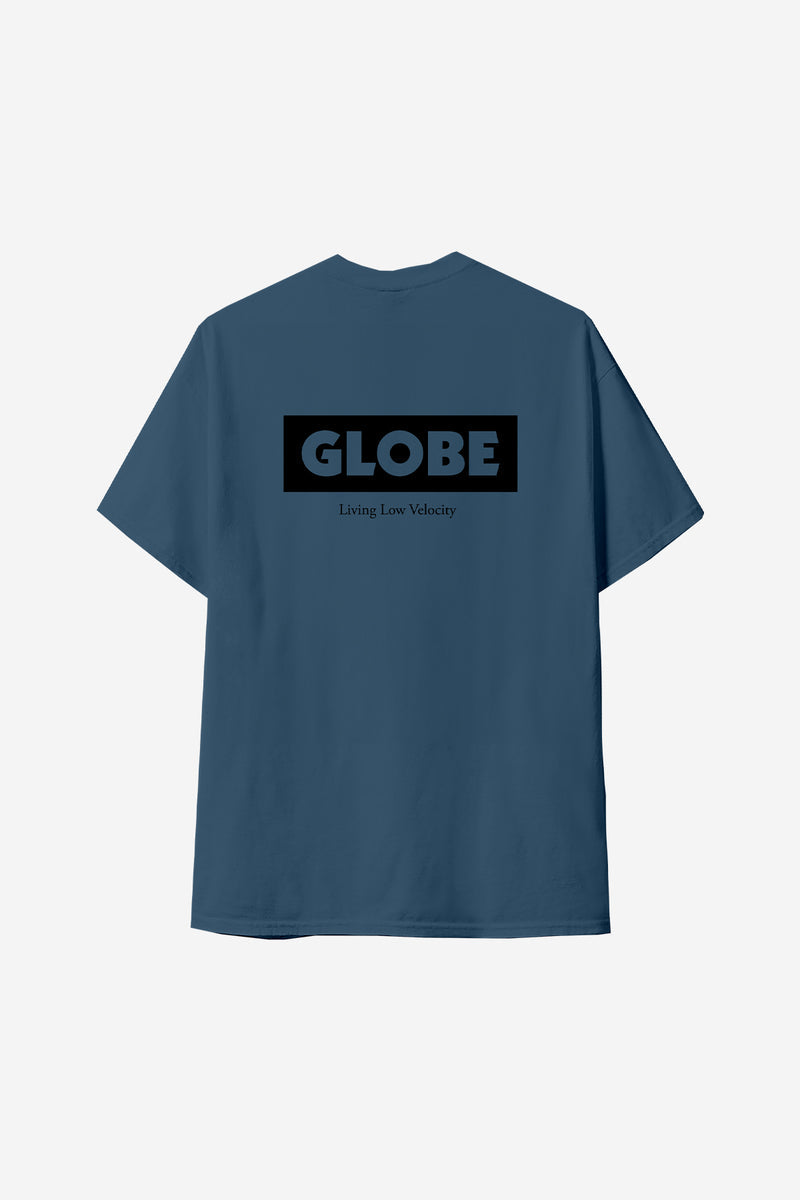 Back view of steel blue Globe Living Low Velocity tee with a bold logo on the back
