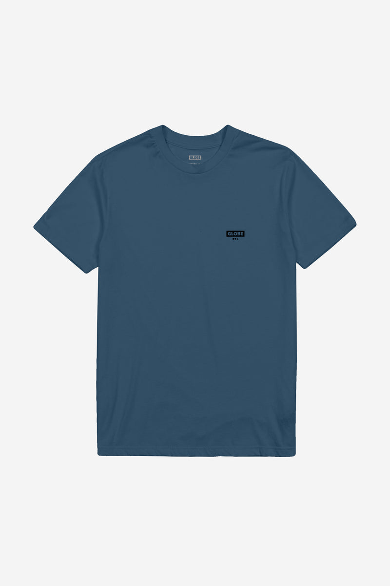 Steel blue Living Low Velocity tee laid flat with a small Globe logo on the chest