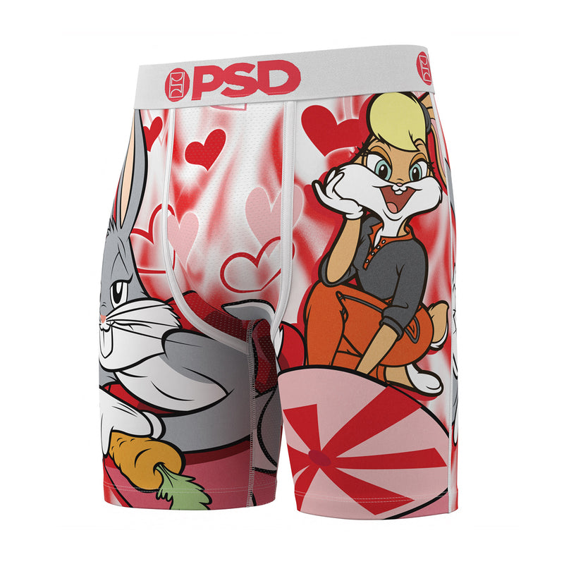 Men's boxer briefs with cartoon rabbit and hearts, plus red Union Jack panel