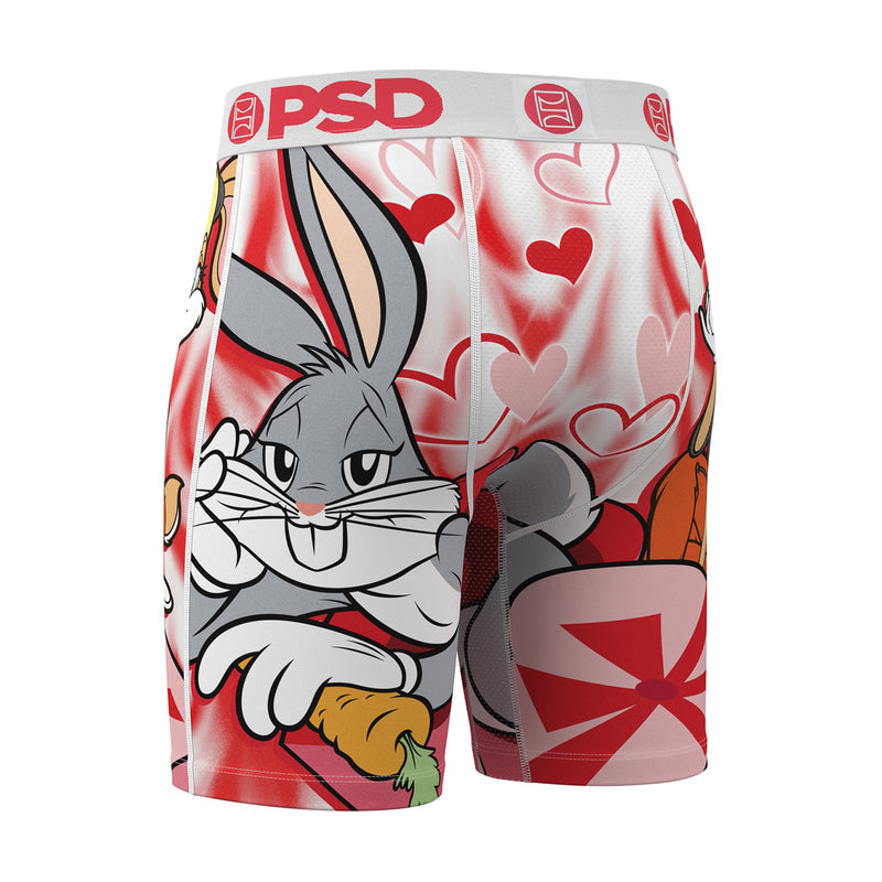 Men's boxer briefs with large gray rabbit graphic, red hearts, and Union Jack panel