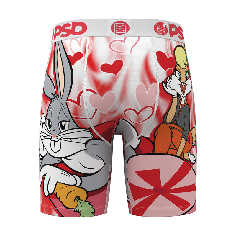 Men's boxer briefs with PSD waistband, cartoon rabbit and woman, and hearts print