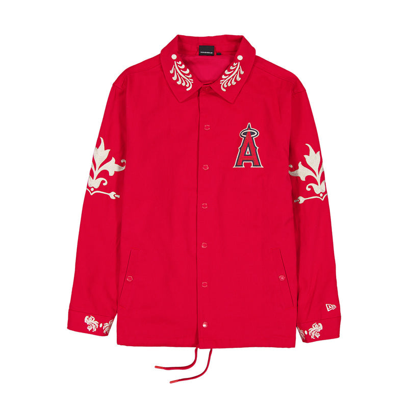 Men's red Angels wordmark jacket with front buttons and chest A logo patch