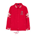 Men's red Angels wordmark jacket with front buttons and chest A logo patch
