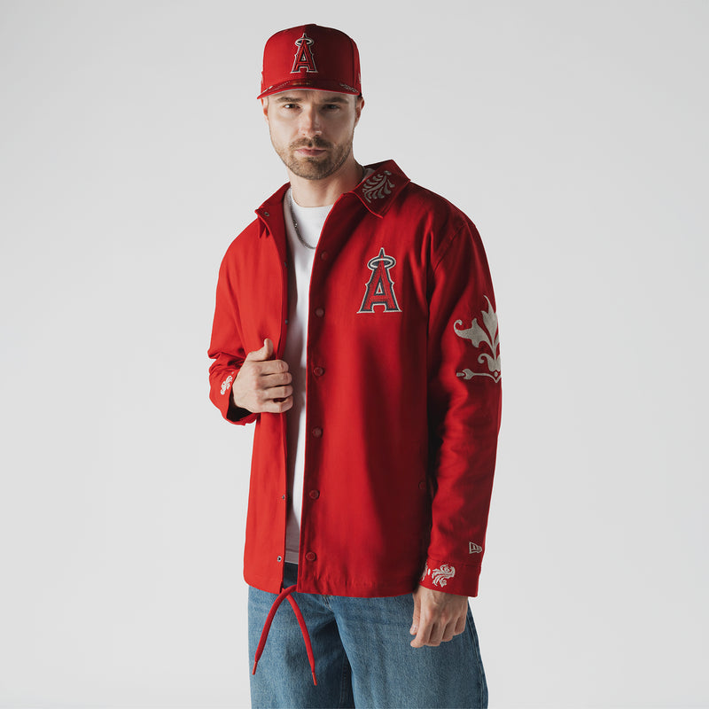 Men's red Angels logo jacket with button front, long sleeves, and A emblem on chest