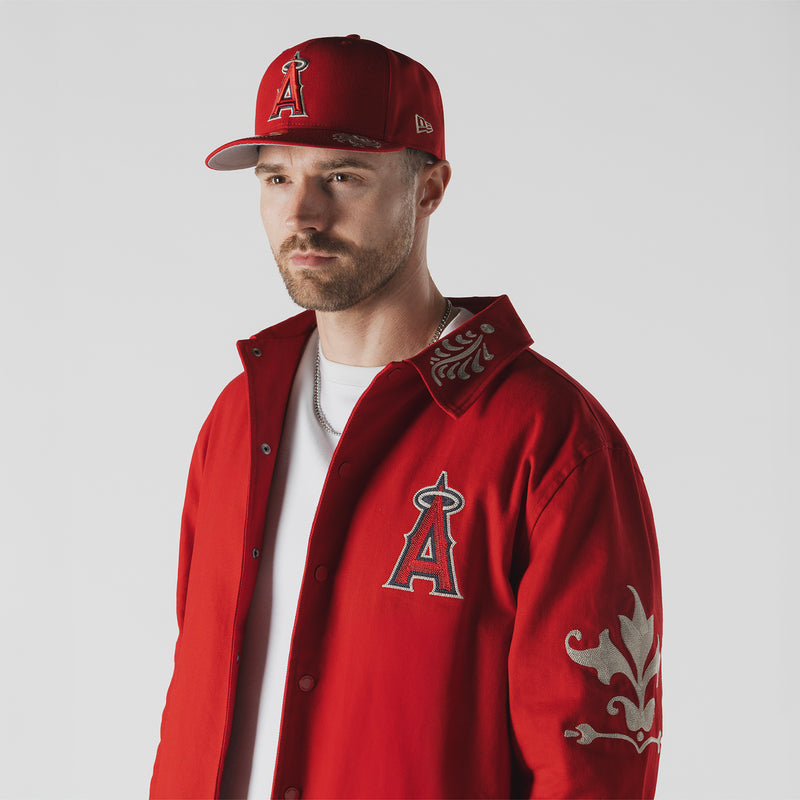Men's red Angels A logo jacket with collar and white embroidered details on sleeves