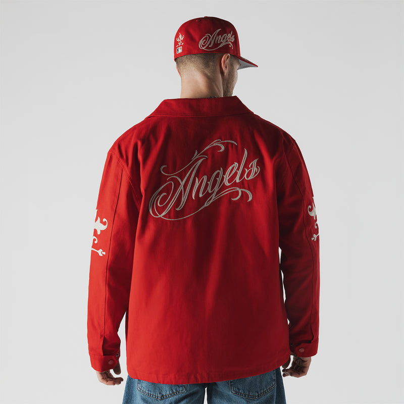 Men's red Angels wordmark jacket with large back script and embroidered sleeve accents