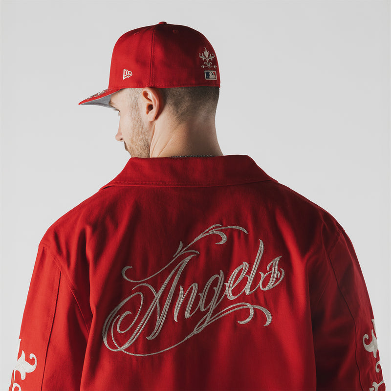 Men's red Angels wordmark jacket with large back script and side sleeve motifs