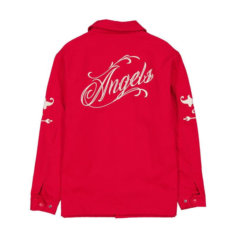 Men's red Angels wordmark jacket back view with large white script and side motifs