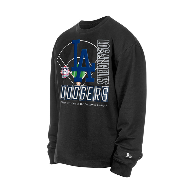 Black men’s long-sleeve crewneck with Dodgers LA logo graphic print at chest.