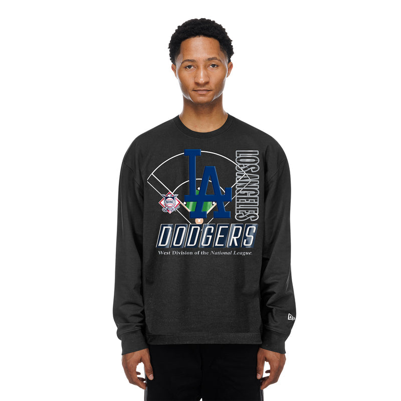 Black men’s long-sleeve crewneck with large Dodgers LA logo graphic on front.