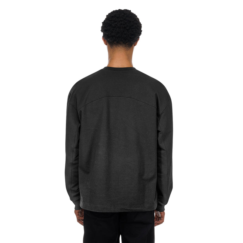 Black men’s long-sleeve crewneck with plain back panel and no visible graphics.