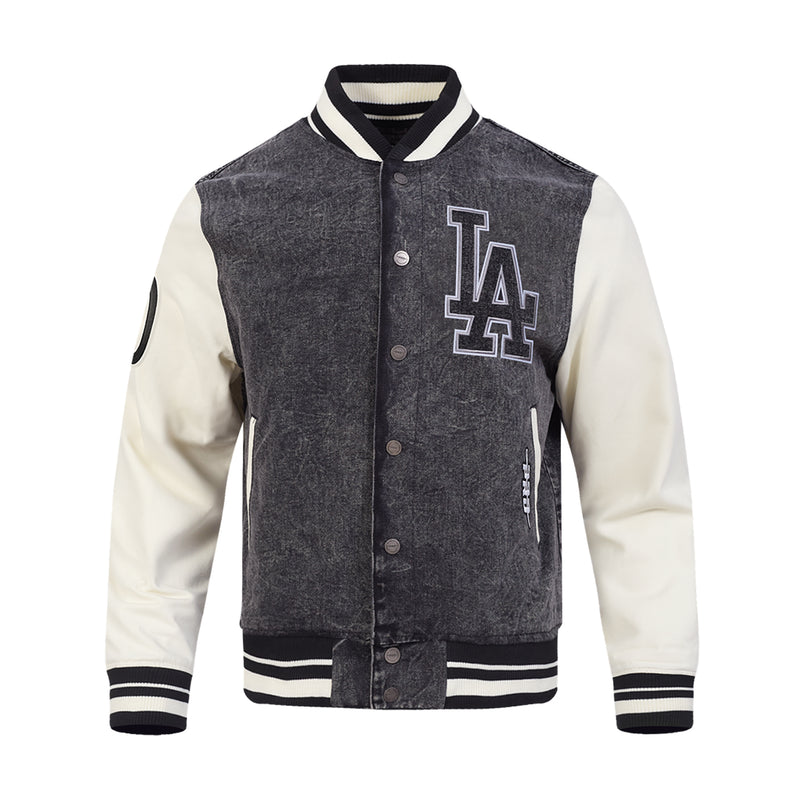Men's washed-black varsity jacket with LA logo patch and snap front buttons