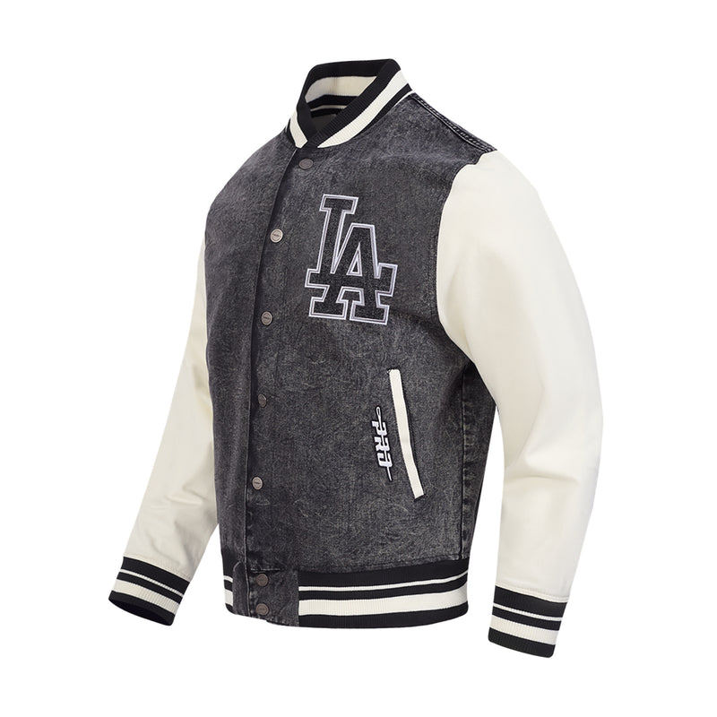 Men's washed-black varsity jacket with LA logo patch and vertical 'PRO' side graphic