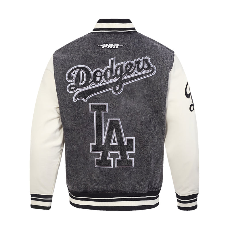 Men's varsity jacket with Dodgers script and LA logo on back; striped ribbed cuffs