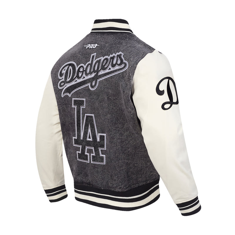 Men's varsity jacket with Dodgers script and LA logo; D emblem on right sleeve