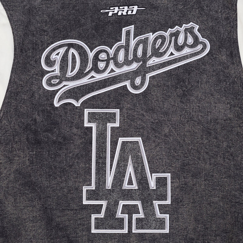 Embroidered Dodgers script logo in white outline on dark washed varsity jacket