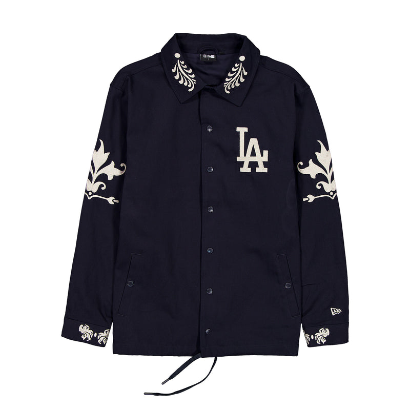 Men's dark navy button-up jacket with embroidered LA logo and decorative sleeve prints