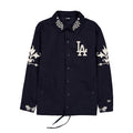 Men's dark navy button-up jacket with embroidered LA logo and decorative sleeve prints