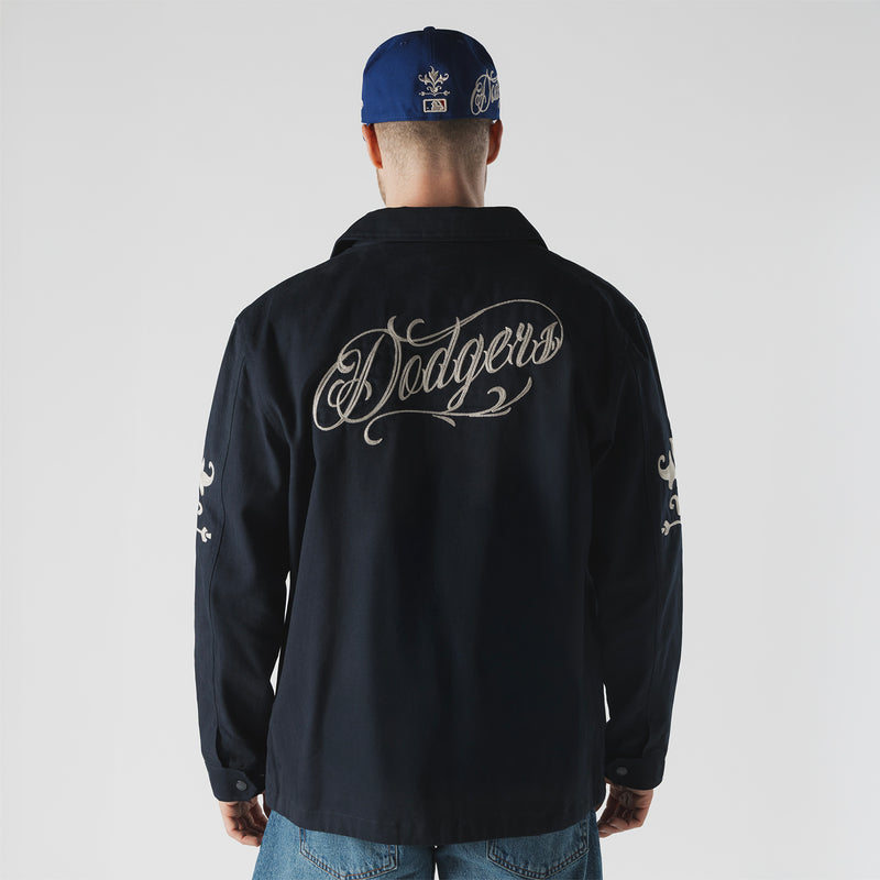 Men's dark navy jacket with 'Dodgers' wordmark script on back