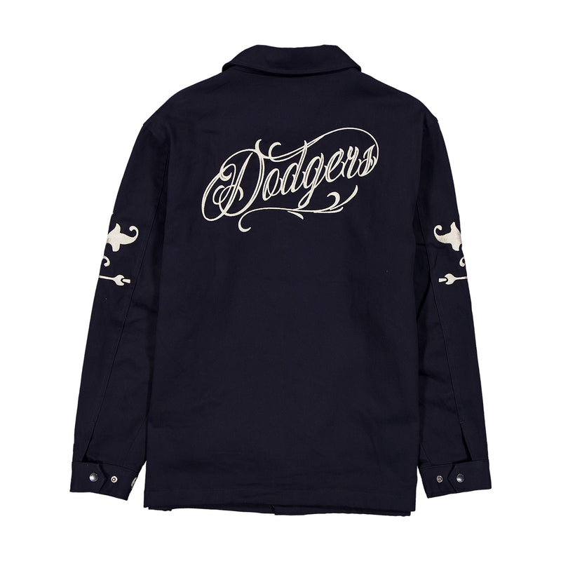 Men's dark navy jacket with back 'Dodgers' wordmark script and button cuffs