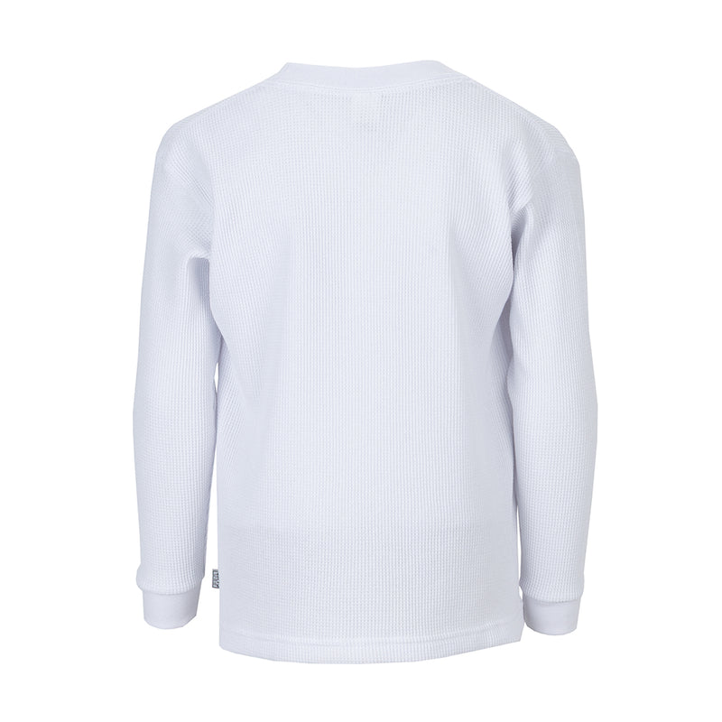 Youth white thermal long-sleeve shirt, crew neck, ribbed cuffs, back view