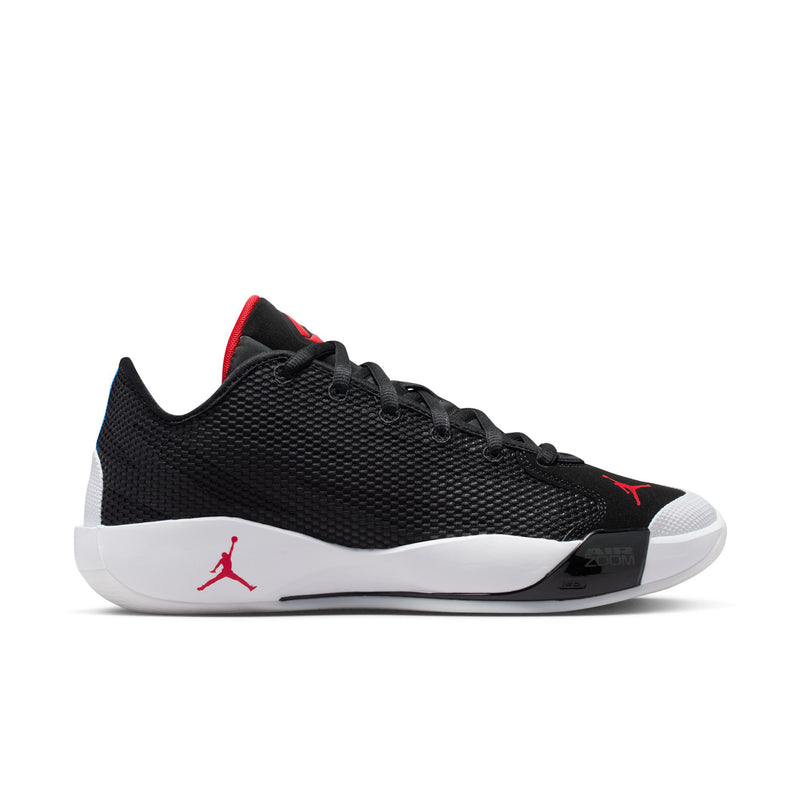 Men's black basketball shoes with red accents, knit upper, lace-up design.
