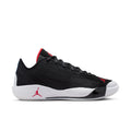 Men's black basketball shoes with red accents, knit upper, lace-up design.
