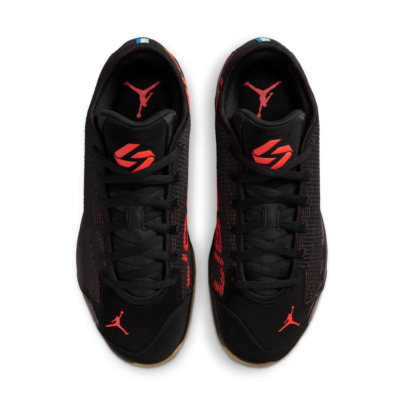 Pair of men's black lace-up basketball shoes with red logos on the tongue and sides