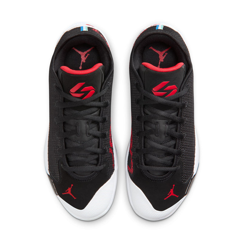Men's black basketball shoes with red Jumpman logos, lace-up, white soles.
