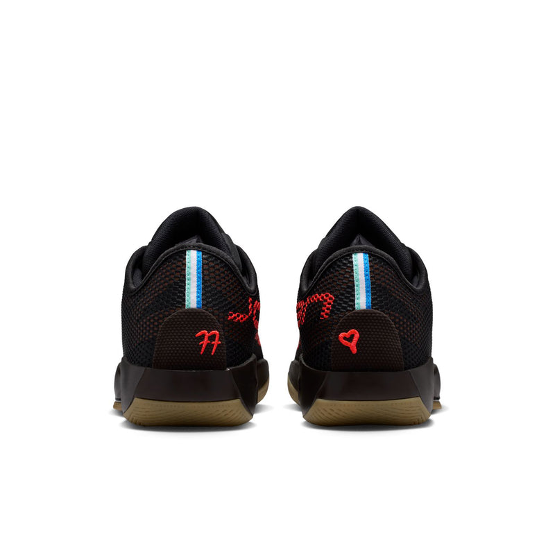 Men's basketball shoes showing heel with red “77” mark and blue stripe detail