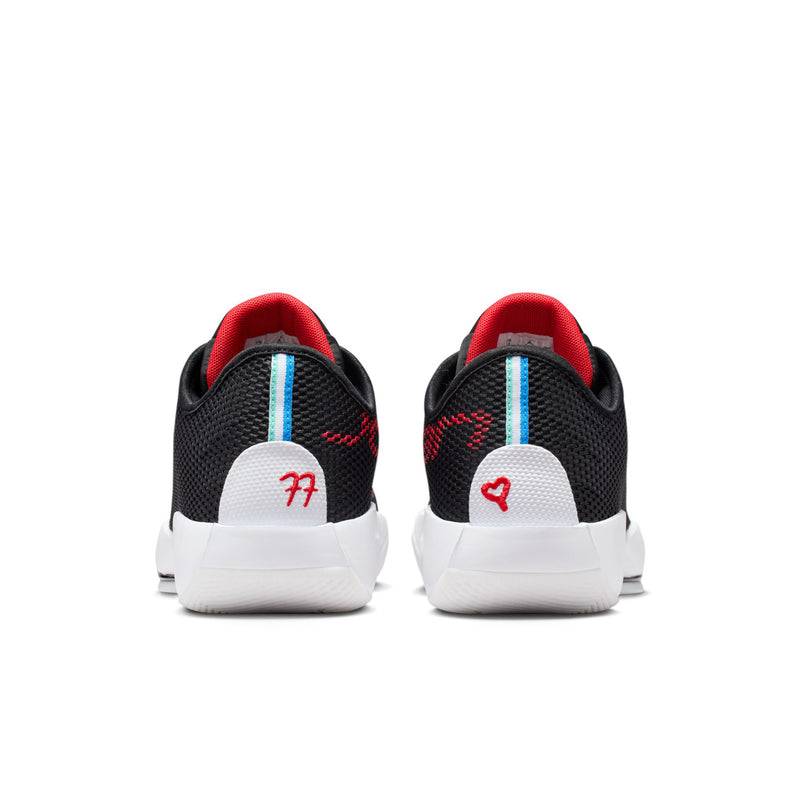 Men's black basketball shoes with red heel tab, blue stripe detail, lace-up.