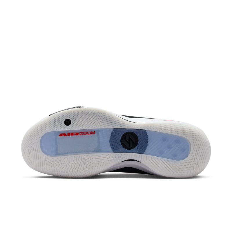 Men's basketball shoe outsole with blue Air Zoom label and tread.