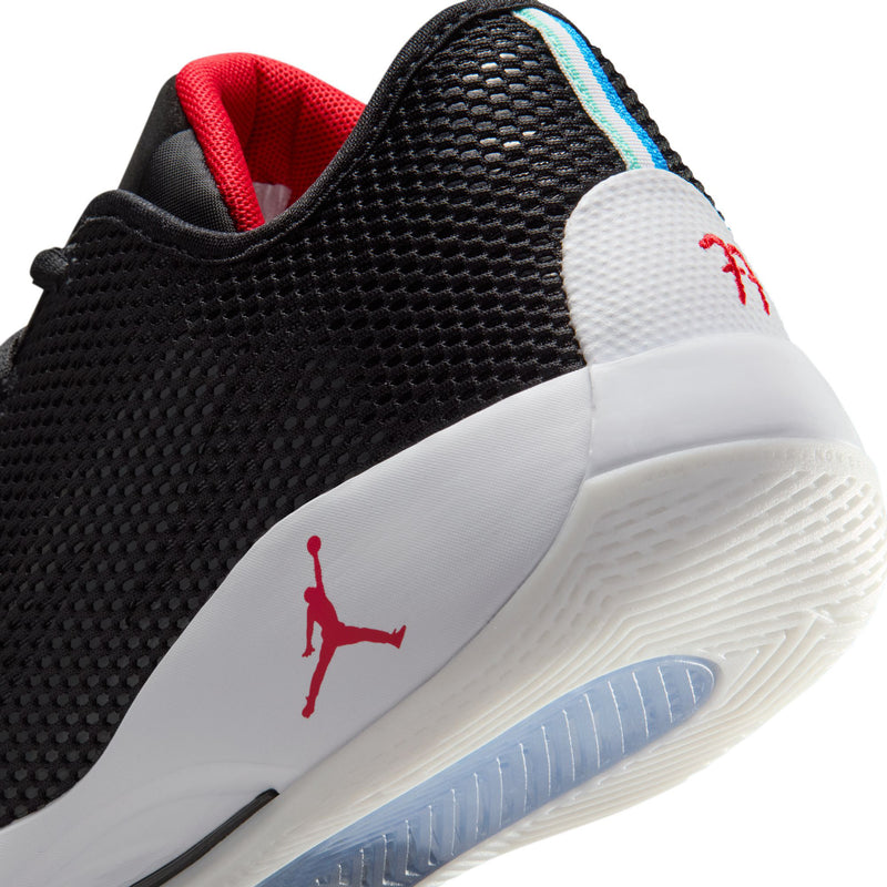 Men's black basketball shoe with red midfoot logo and blue heel stripe, white outsole.