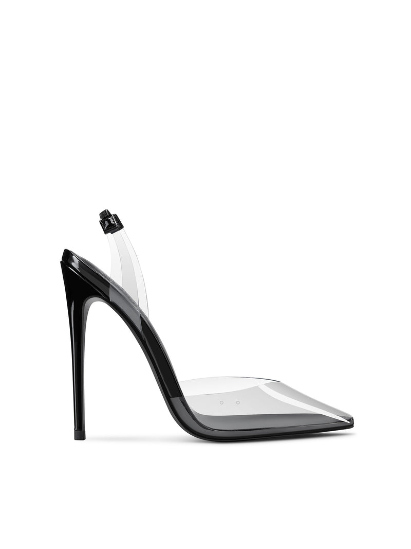 Femme LA Macallan Slingback Pump in Phantom Black – front view, clear PVC vamp panel, black patent pointed toe cap, FEMME LOS ANGELES black insoles