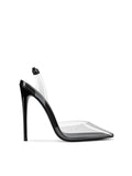 Femme LA Macallan Slingback Pump in Phantom Black – front view, clear PVC vamp panel, black patent pointed toe cap, FEMME LOS ANGELES black insoles