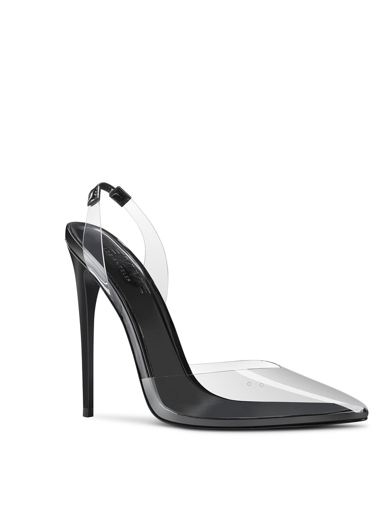 Femme LA Macallan Slingback Pump in Phantom Black – side profile, clear PVC body with black patent pointed toe cap, PVC slingback strap with small black buckle, slim black stiletto